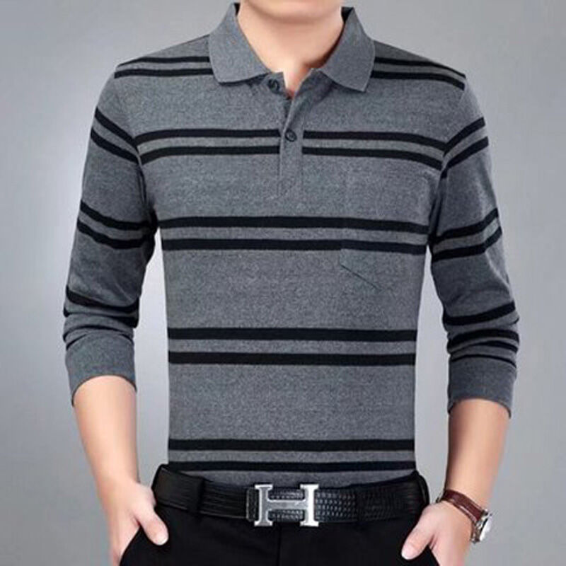 Áo Thun Dài Tay Kẻ Sọc Nam Giới Trung Niên Mùa Thu Áo Polo Cổ Bẻ Cotton Túi Thật Trang Phục Cho Bố Trung Niên Và Già Áo