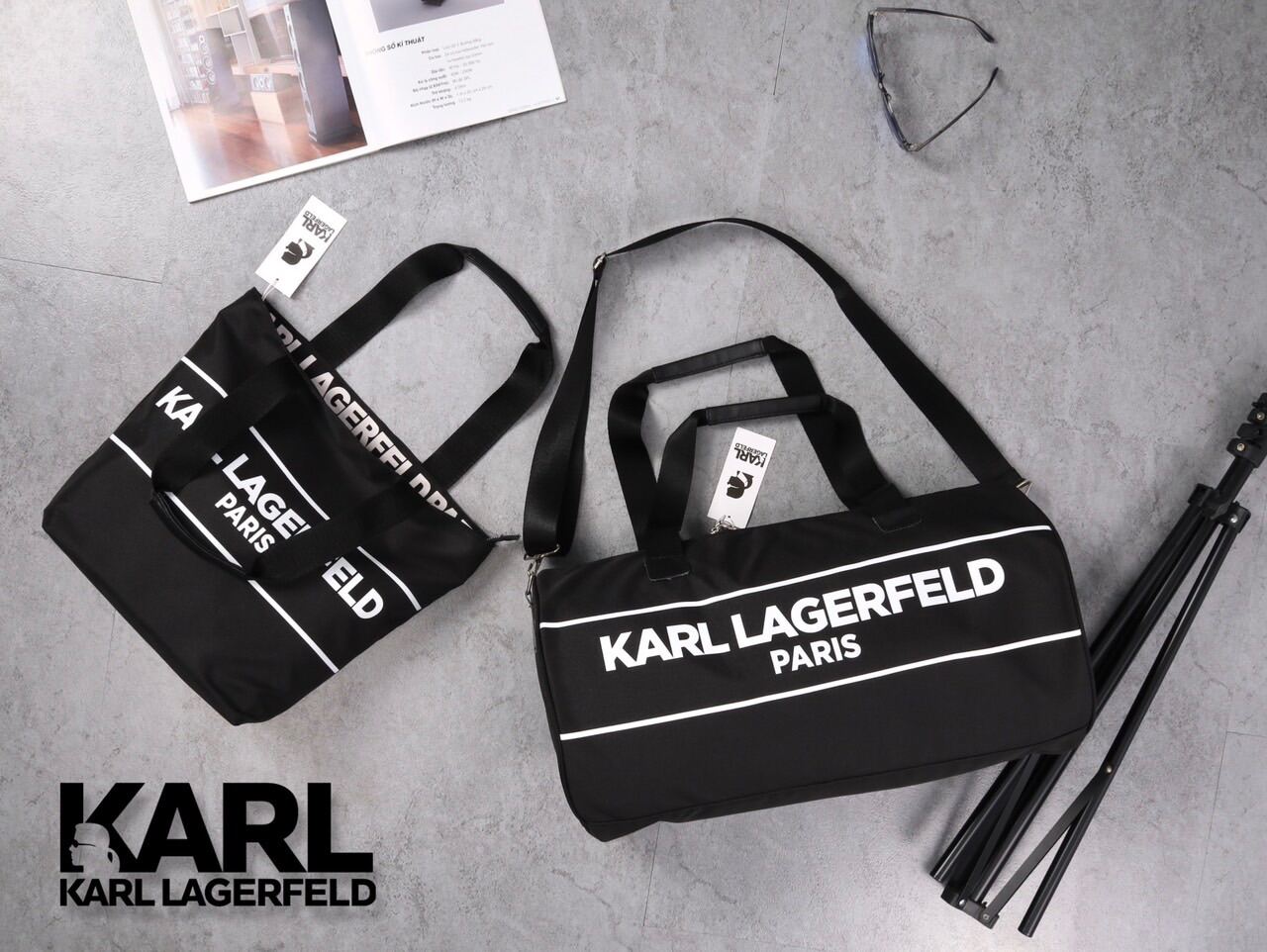 Túi đeo vai túi trống du lịch Karl Lagerfeld hàng Ơneb xuất Sing
