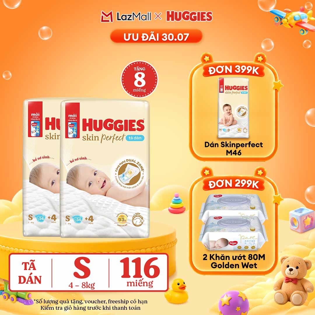 [30.7 QUÀ TẶNG ĐƠN 0Đ]  Combo 2 Tã/bỉm dán sơ sinh Huggies Skin Perfect S 54 miếng với 2 vùng thấm giảm kích ứng da