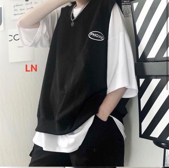 Sét áo gile phoxe đen phối áo thun trắng style Hàn (2 áo)