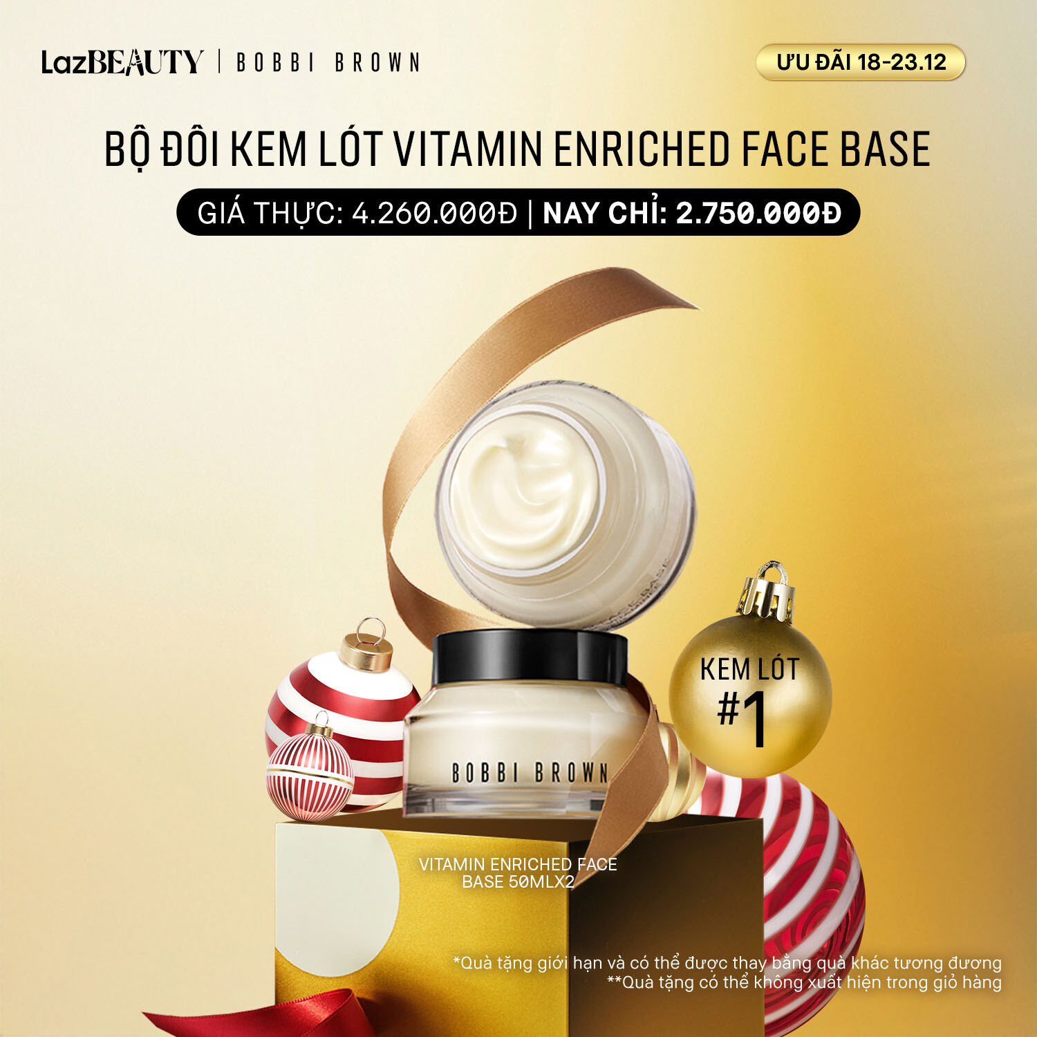   ƯU ĐÃI 18-23.12  Bobbi Brown - Bộ 2 món: Bobbi Brown Vitamin Enriched Face Base - Kem lót làm mịn da và kem dưỡng ẩm 2-trong-1 50ml 