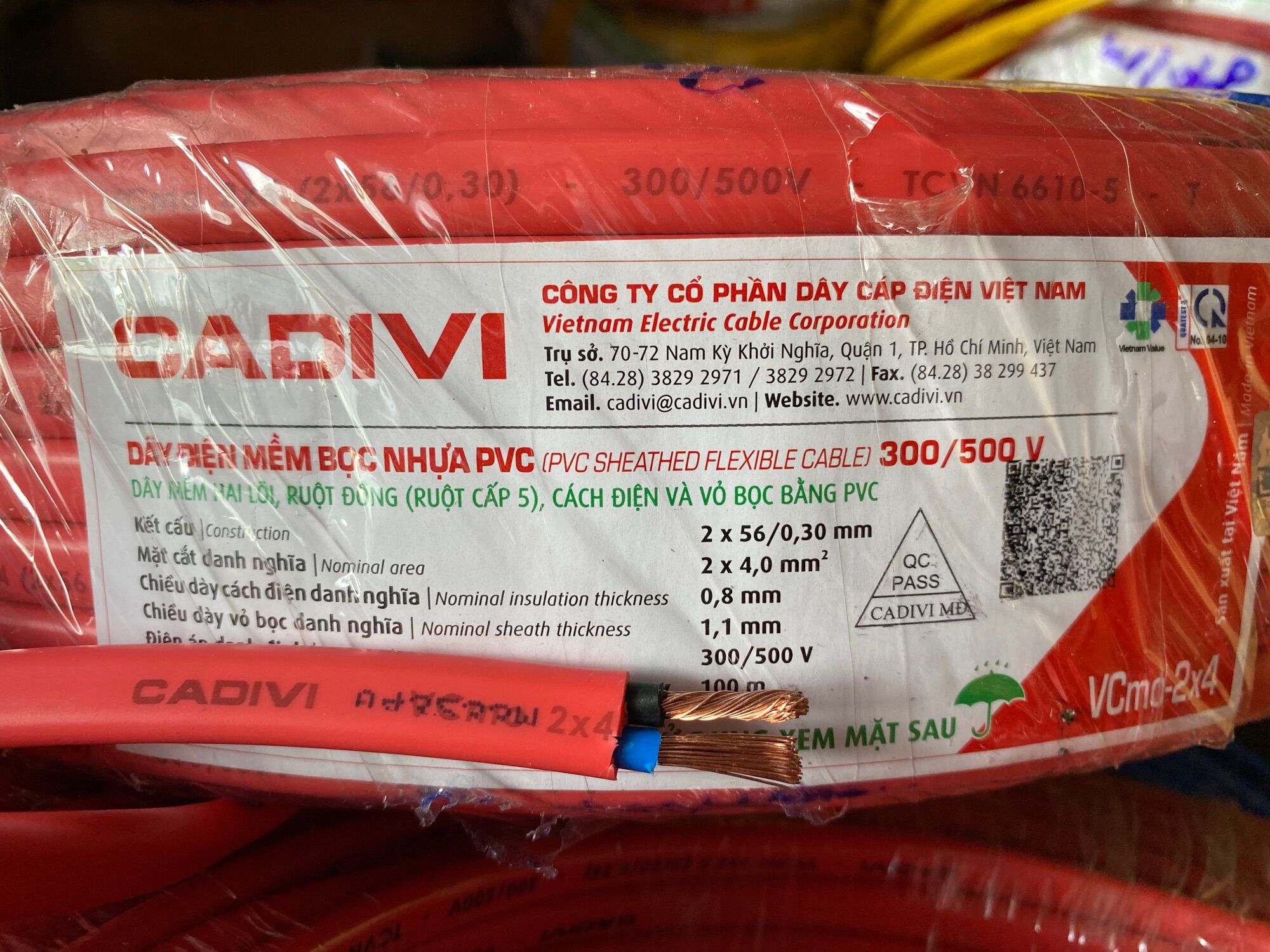 10 mét dây điện đôi mềm dẹp ( 2 lớp vỏ ) Cadivi 2x4 mm (Vcmo 2x56/0.3)