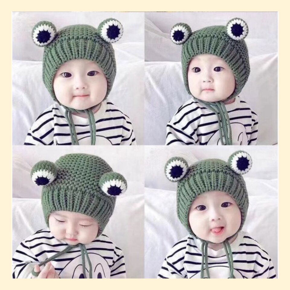 Mũ - Nón len hình ếch chùm đầu đông xuân siêu ấm cho các bé