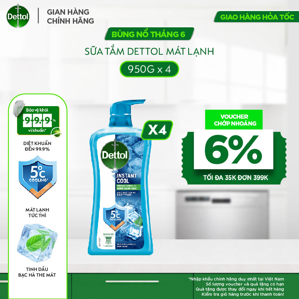 Combo 4 chai sữa tắm Dettol mát lạnh tức thì - chai 950g