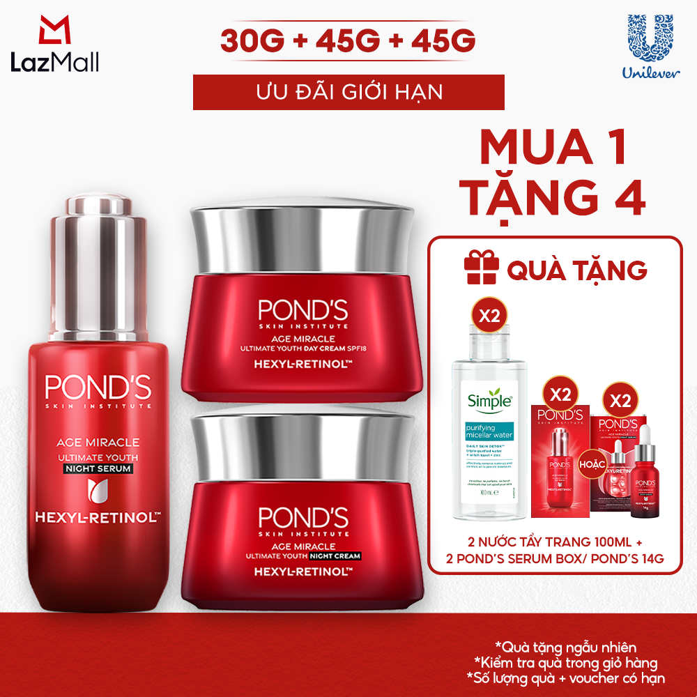 Combo Serum đêm và 2 Kem dưỡng ngày  đêm Pond's Age Miracle mờ đốm nâu, nếp nhăn với 50X Hexyl-Retinol 30G+45G+45G
