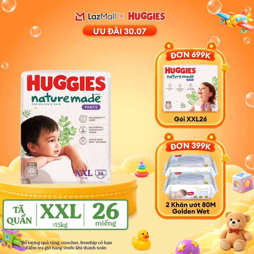 [30.7 QUÀ TẶNG ĐƠN 399K] Tã/Bỉm quần HUGGIES PLATINUM NatureMade XXL26 (Trên 15kg)-Gói Jumbo 26 miếng