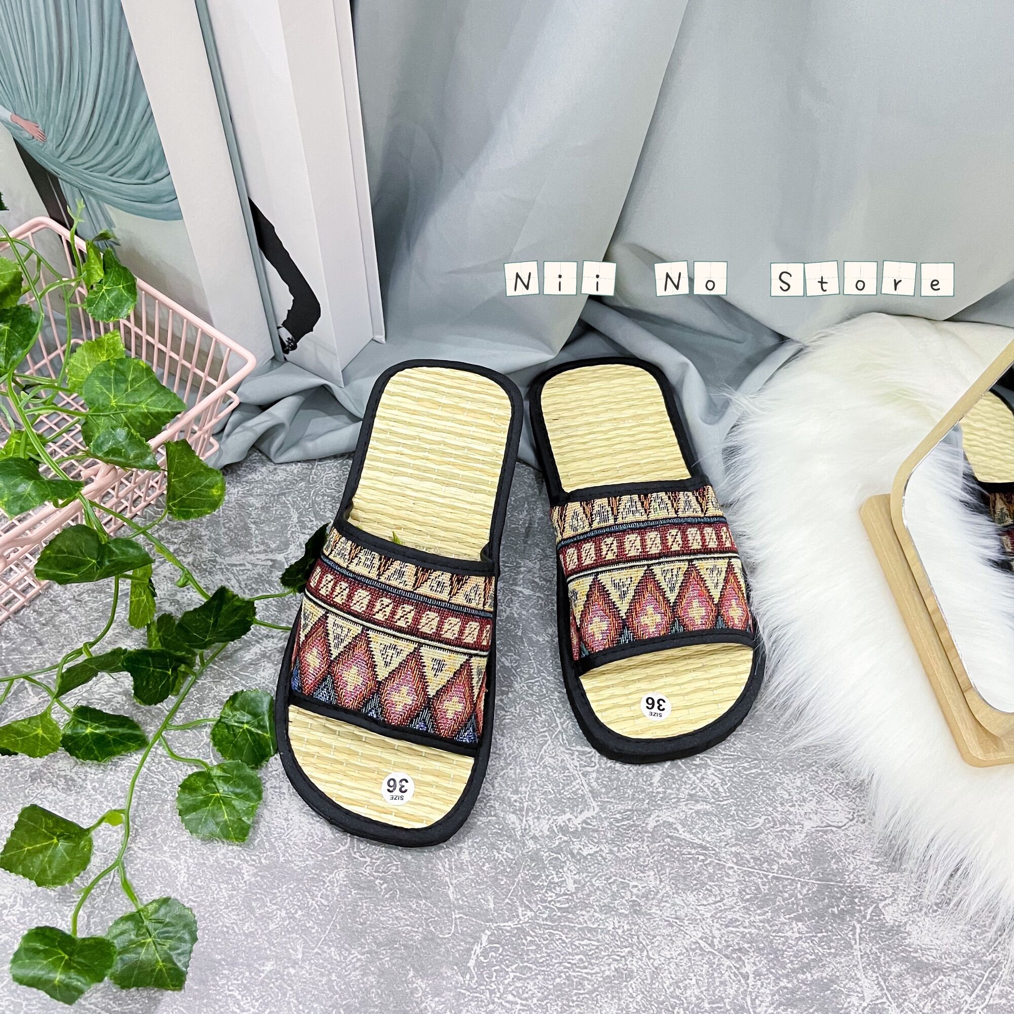 [ND017] Dép chiếu cói thổ cẩm đỏ quai ngang