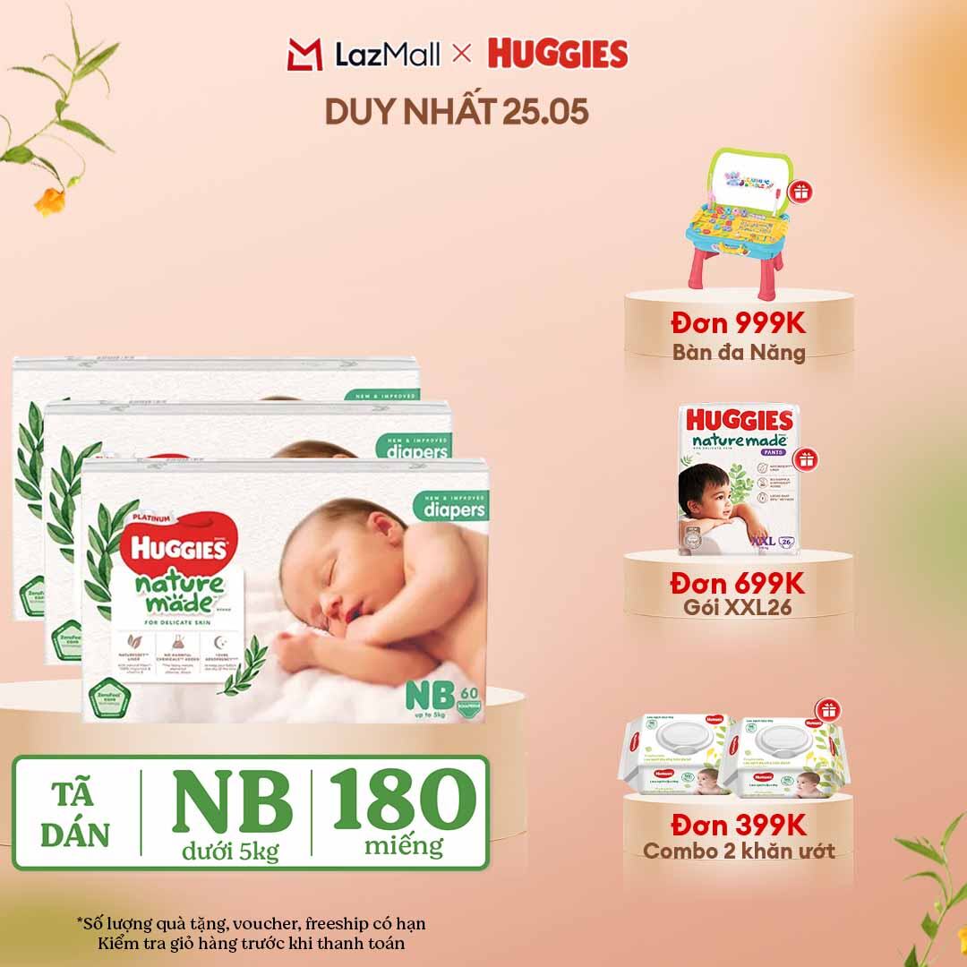 [CHỈ 25-29.05 QUÀ TẶNG ĐƠN 399K](Mua 1 tặng 1) Combo 3 Tã/Bỉm dán sơ sinh Huggies Platinum NatureMade NB60 (dưới 5kg)-Gói Jumbo 60 miếng