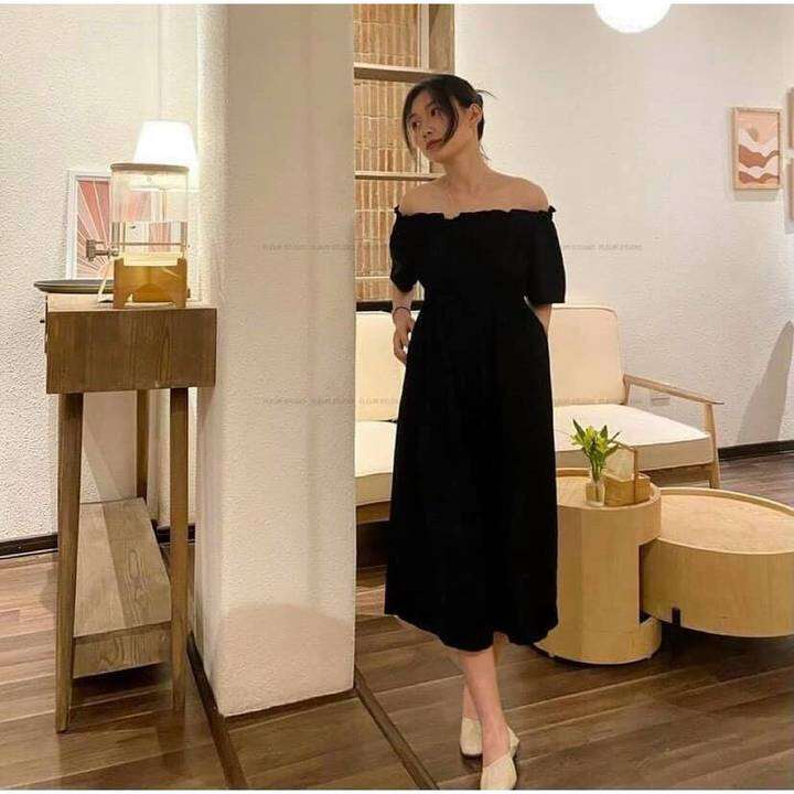 ĐẦM ĐEN DÀI DÁNG SUÔNG BO CHUN NGỰC – No Brand >>> top1shop >>> lazada.vn 🛒🛍🛒