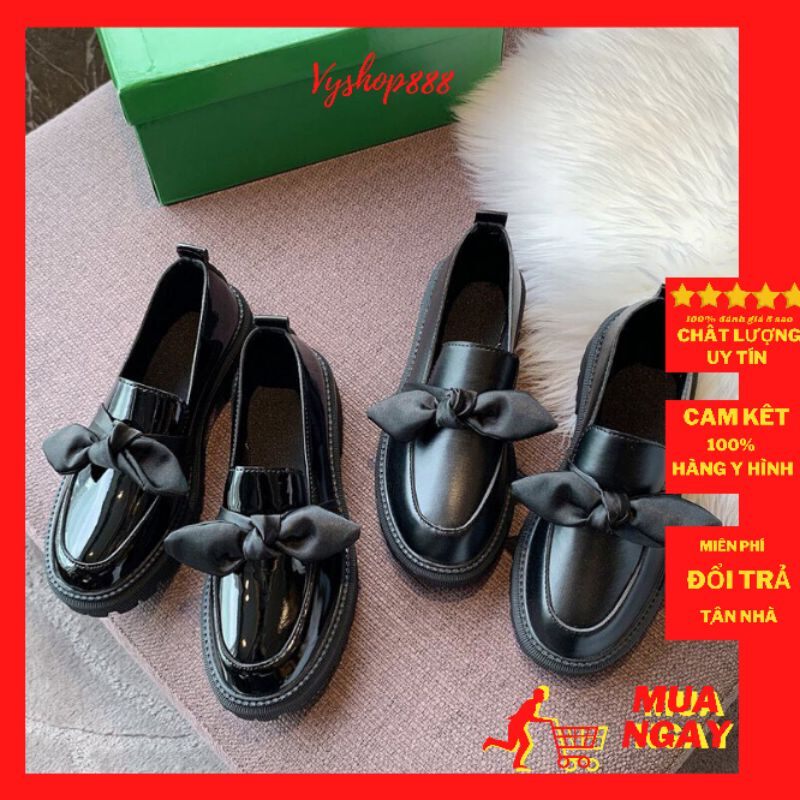 Giày hài nữ đế đốc thắt lơ tai thỏ da bóng da da lỳ phong cách hàn quốc mã 07