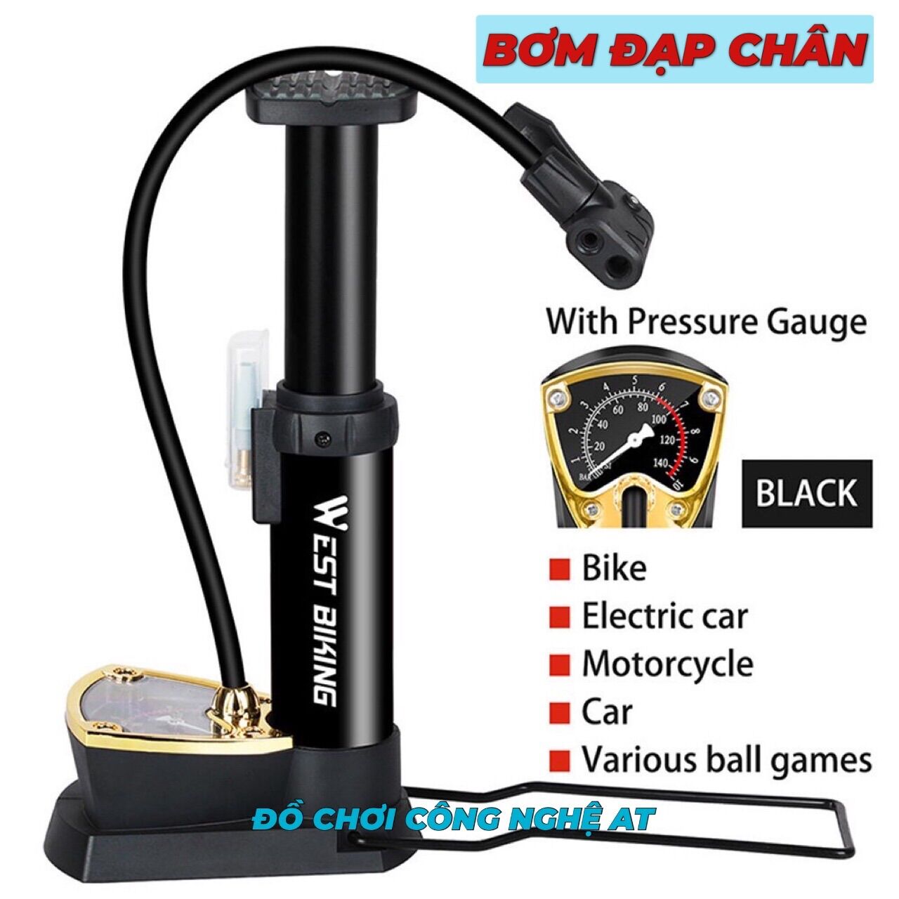 Bơm xe đạp xe máy oto bơm đạp chân nhỏ gọn có đồng hồ