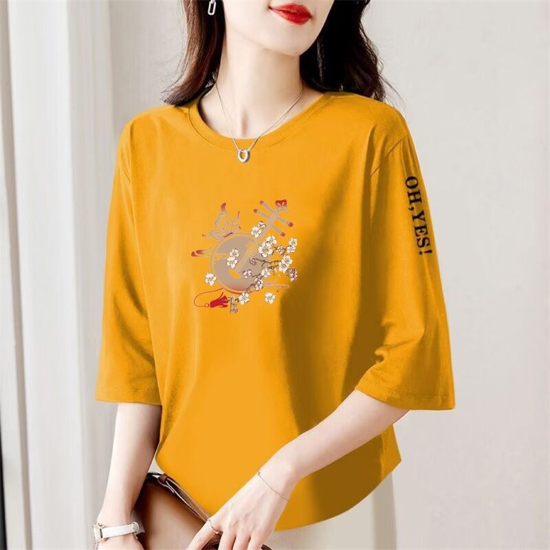 Áo Thun Tay Lửng in Họa Tiết Phong Cách Trung Hoa Rộng Rãi Cho Phụ Nữ Trung Niên Và Cao Tuổi Mùa Hè Thường Ngày