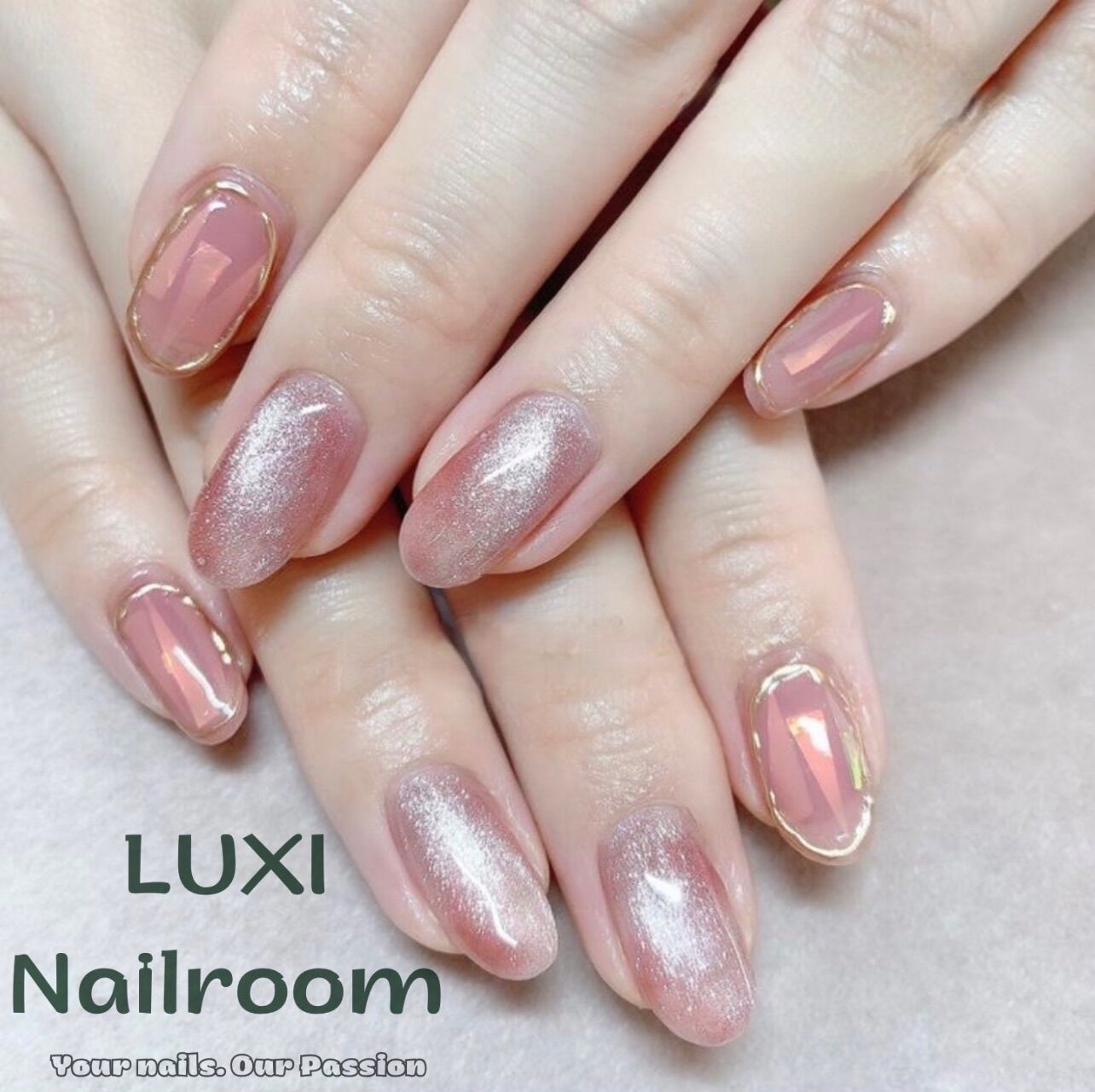 Nailbox - móng úp thiết kế thủ công mẫu thạch hồng mắt mèo, viền tráng gương