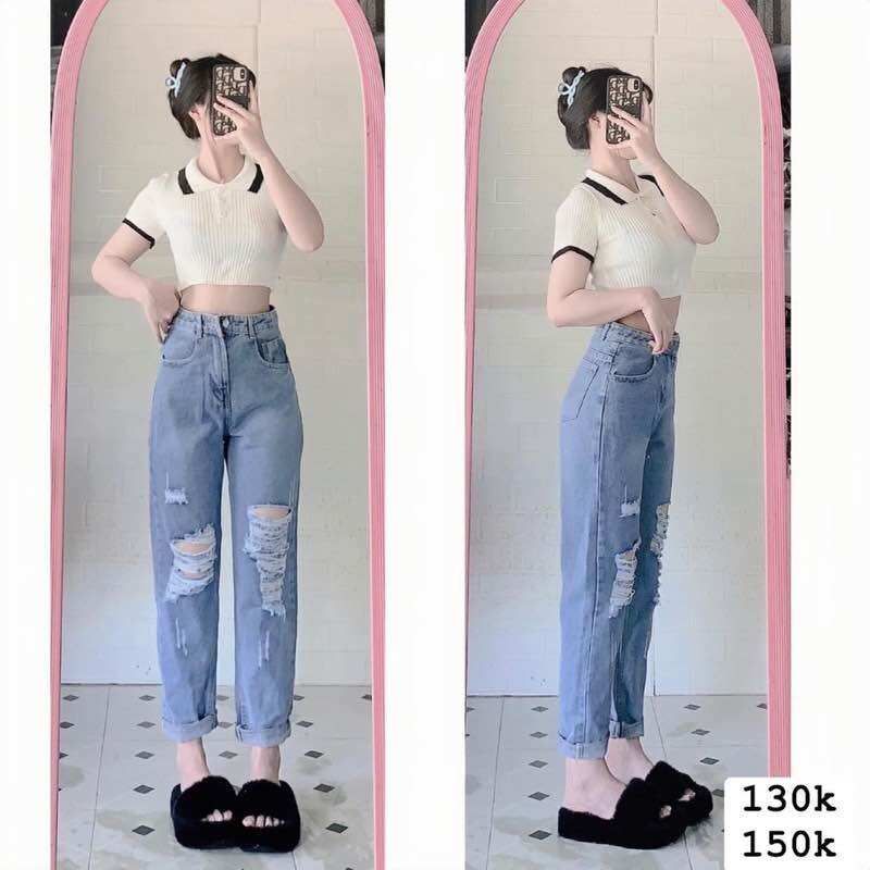 Set Baggy jeans xanh rách + croptop petter phối viền