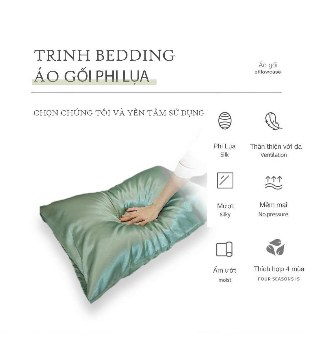 Vỏ Gối Nằm Phi Lụa lạnh Basic 40x60CM. Mát mịn ít bám bụi Trinh Bedding