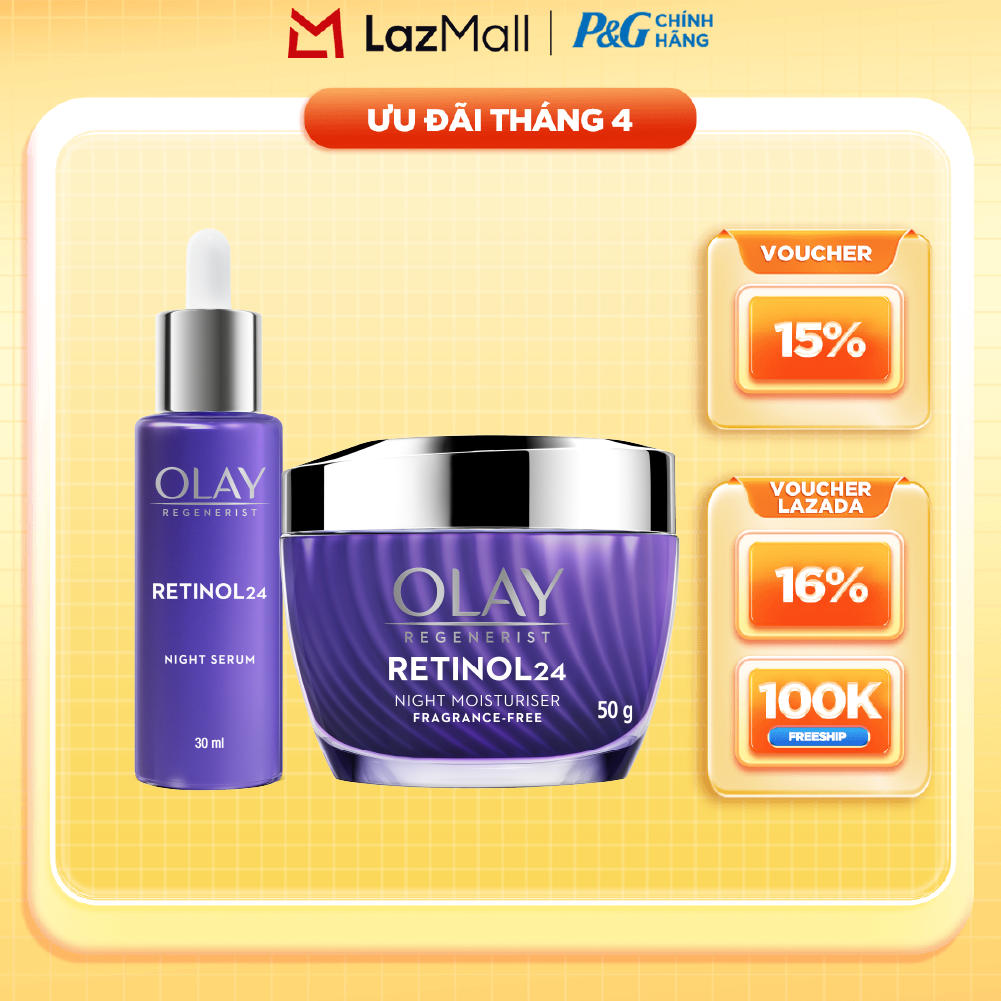 Combo Kem Dưỡng Ban Đêm OLAY RETINOL24 Giúp Giữ Nét Tươi Trẻ Cho Da  Mờ Nếp Nhăn Hũ 50G + Serum OLAY RETINOL24 Giúp Giữ Nét Tươi Trẻ Cho Da  Mờ Nếp Nhăn Chai 30ML