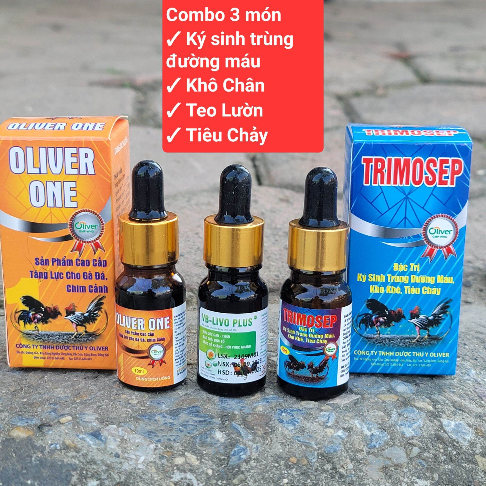 Combo 3 món ký sinh trùng đường máu, khô chân, teo lườn, tiêu chảy, phổi gồm chai Trimosep, Livo plus, Oliver one dùng cho gà đá và thú cưng