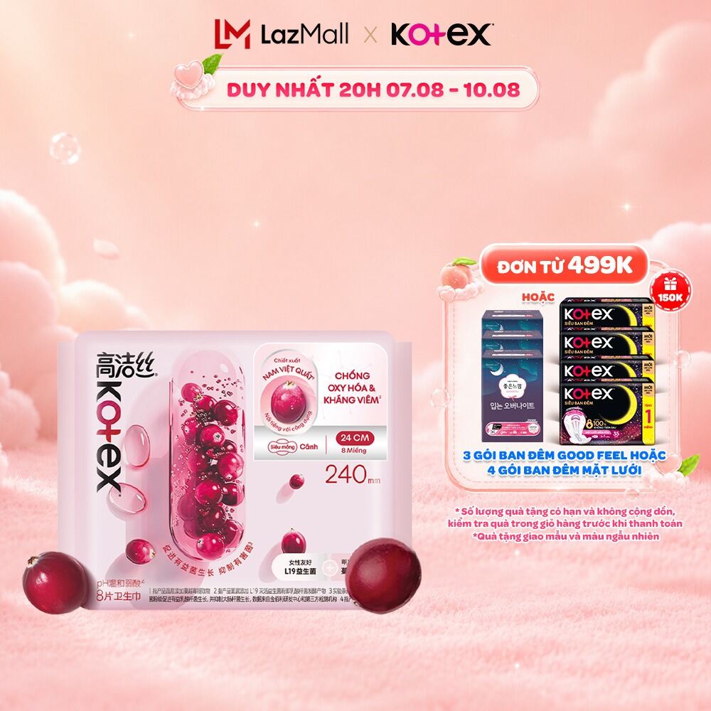 Gói/ Lốc 4 Gói Băng Vệ Sinh Kotex Cranberry Nam Việt Quất Siêu Mỏng Cánh 8 miếng/gói