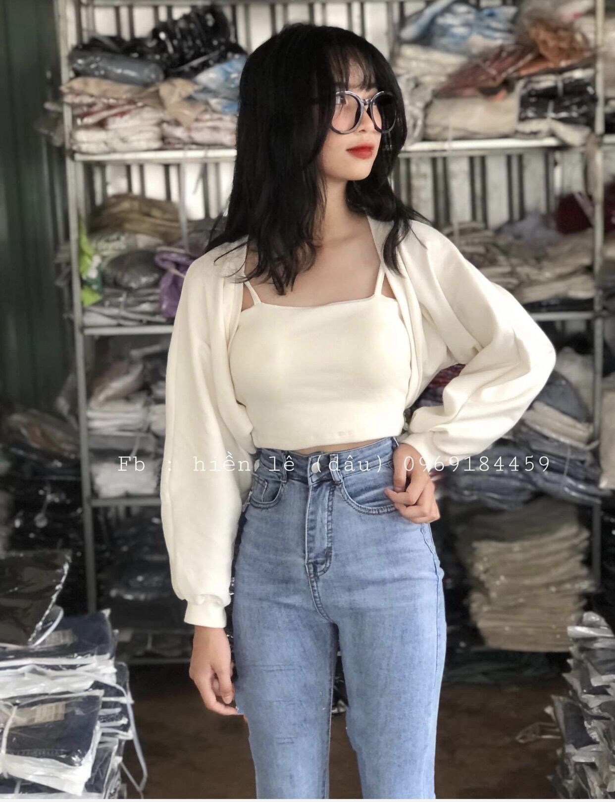 Jeans dài lưng cao co giãn trơn + set 2 món áo khoác