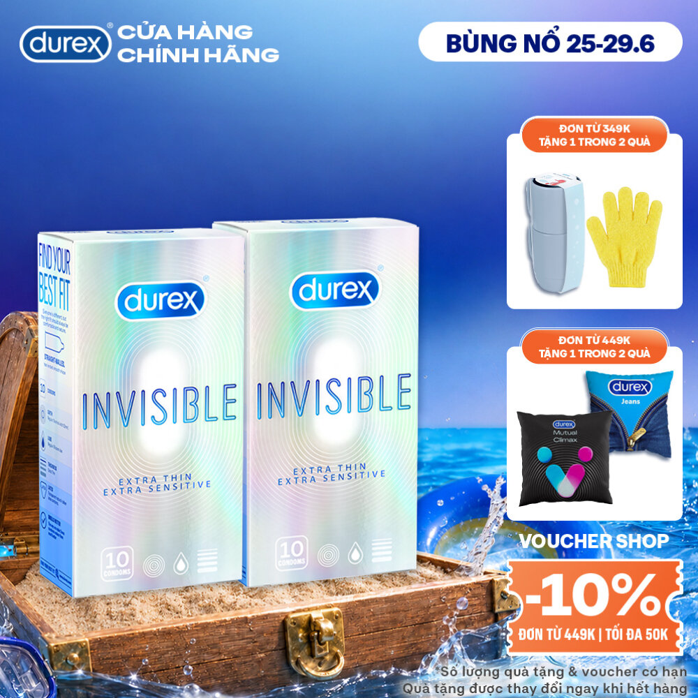 Bộ 2 hộp bao cao su Durex Invisible siêu mỏng, size 52mm, 10 bao/hộp