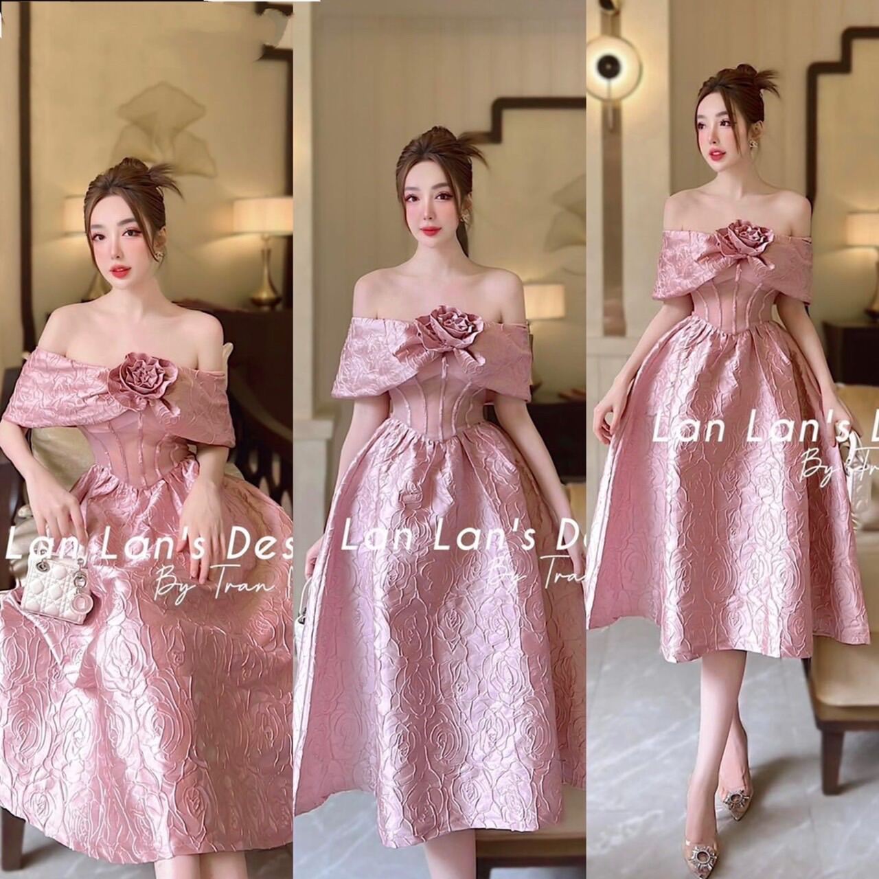 Đầm dự tiệc ren nổi hồng phấn sang trọng quí phái