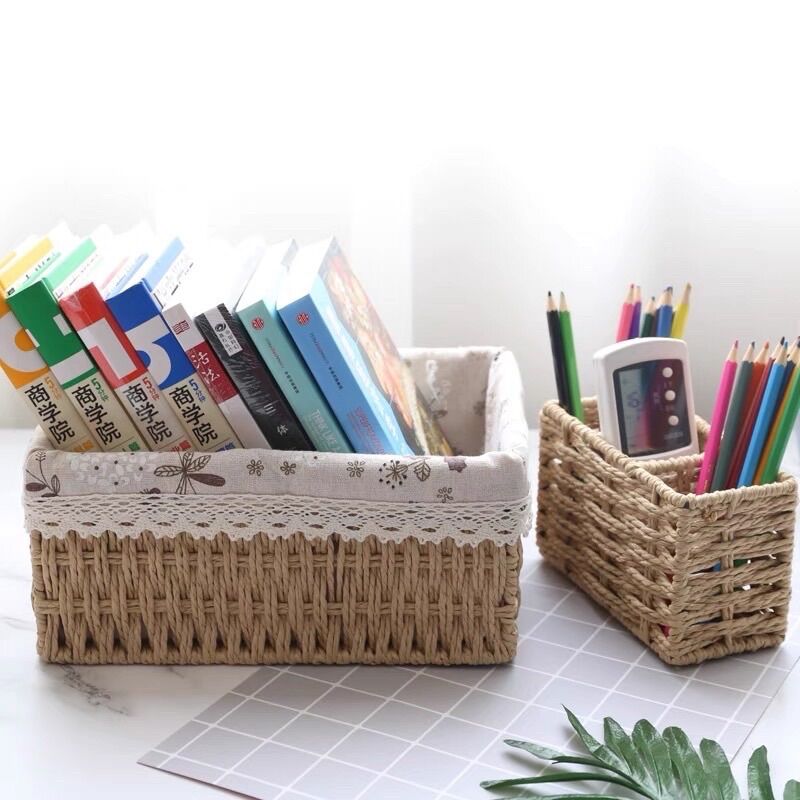 Giỏ mây lót vải cẩm tú cầu đựng, đựng mỹ phẩm, đựng bút, đựng đồ gia dụng, Giỏ cói đi picnic - có ảnh thật