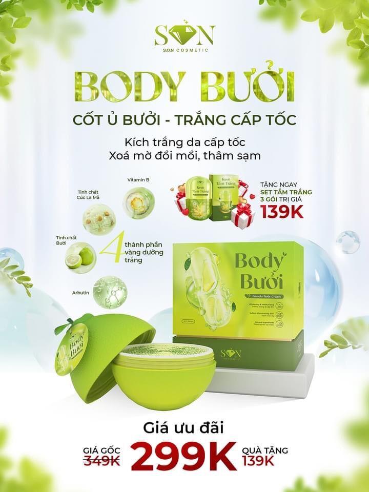 Kem body cốt ủ bưởi vitamin s.o.n group mua 1 kem body ủ cốt bưởi tặng 3 tắm trắng kích trắng da cấp tốc xoá mờ đồi mồi thâm sạm