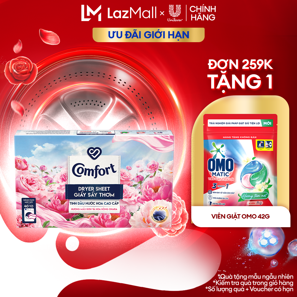 Giấy Thơm Comfort Hương Mẫu Đơn Và Hoa Hồng Ohara 40 tờ, Dành Cho Máy Sấy Quần Áo, Tủ Quần Áo