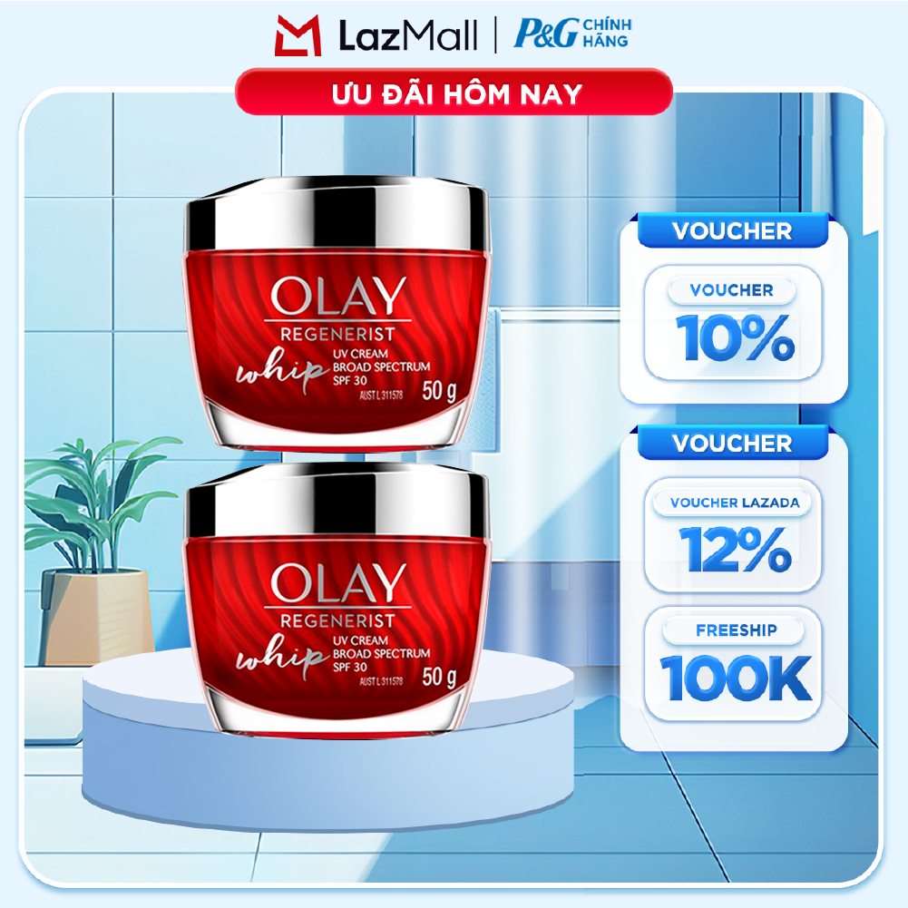 Combo 2 Kem Dưỡng Ban Ngày OLAY REGENERIST WHIP Căng Mướt, Sáng Khỏe  Ngăn Ngừa Dấu Hiệu Lão Hóa Ngăn Tia UV SPF 30 Hũ 50G