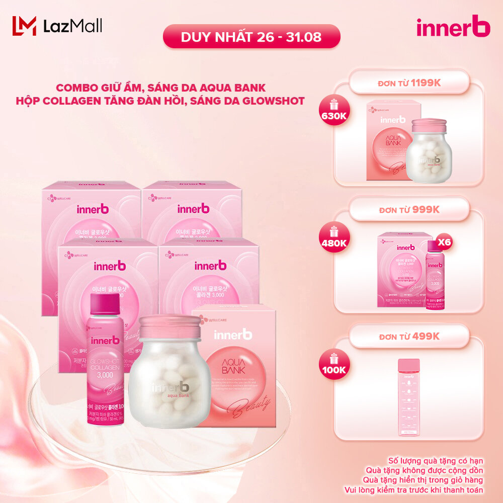 Combo giữ ẩm, sáng da InnerB Aqua Bank lọ 56 viên & nước uống Collagen (4 hộp x 6 chai)