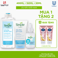 [VC 15% tối đa 70K đơn 399K] Combo Simple tẩy trang 400ml + sữa rửa mặt 150ml + tinh chất serum 30ml Simple cấp ẩm sâu cho da khô