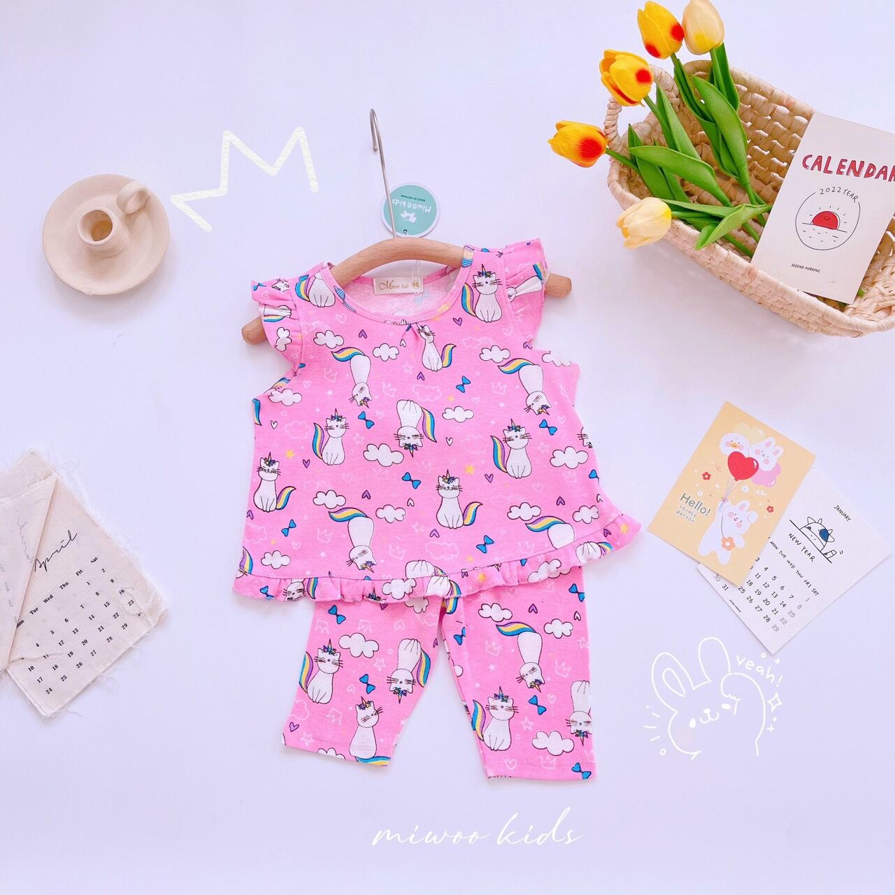 Đồ bộ cánh tiên quần lửng bé gái xuất Nhật Miwoo
