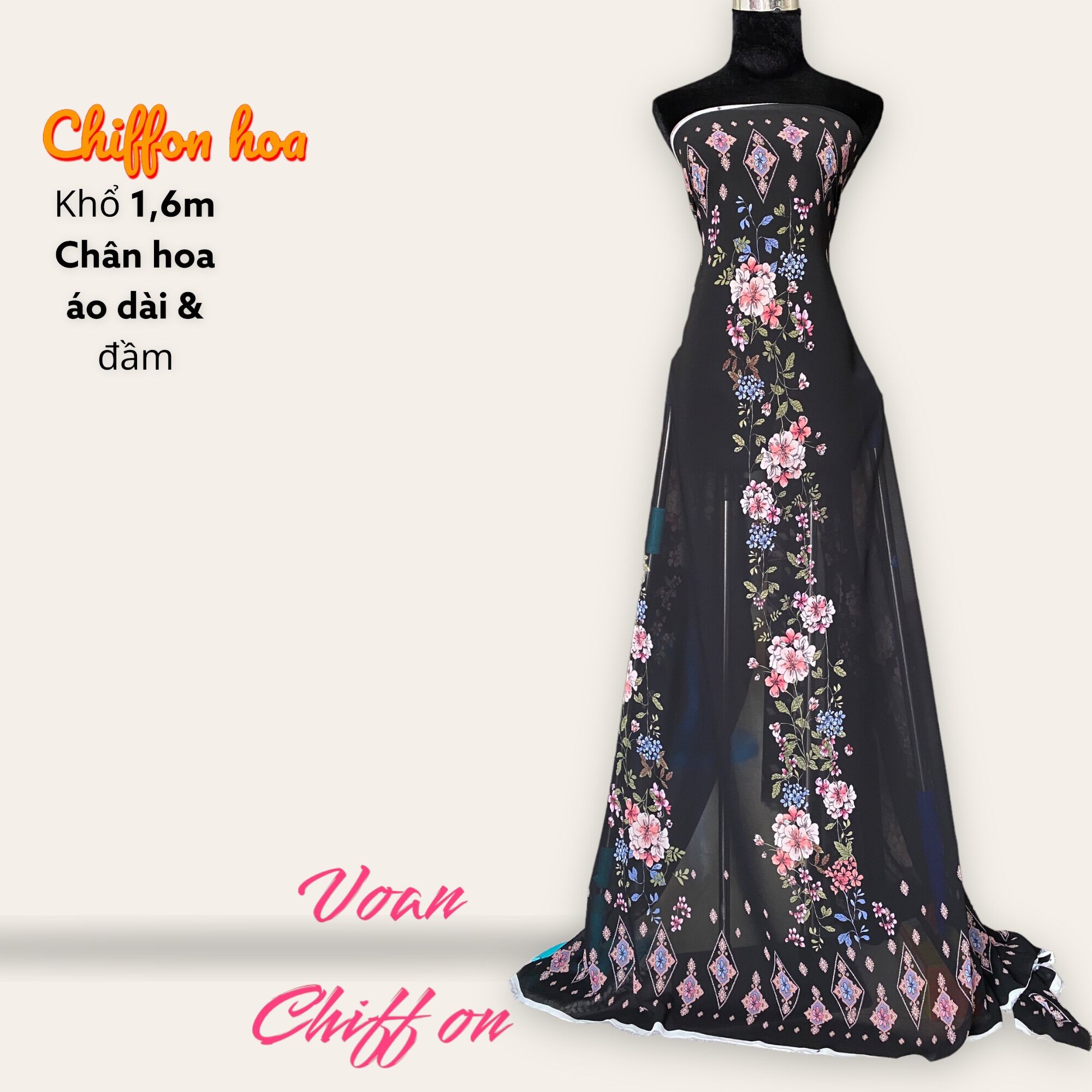 Vải voan chiffon chân 2 đầu hoa nền đen may áo dài, đầm TN10622