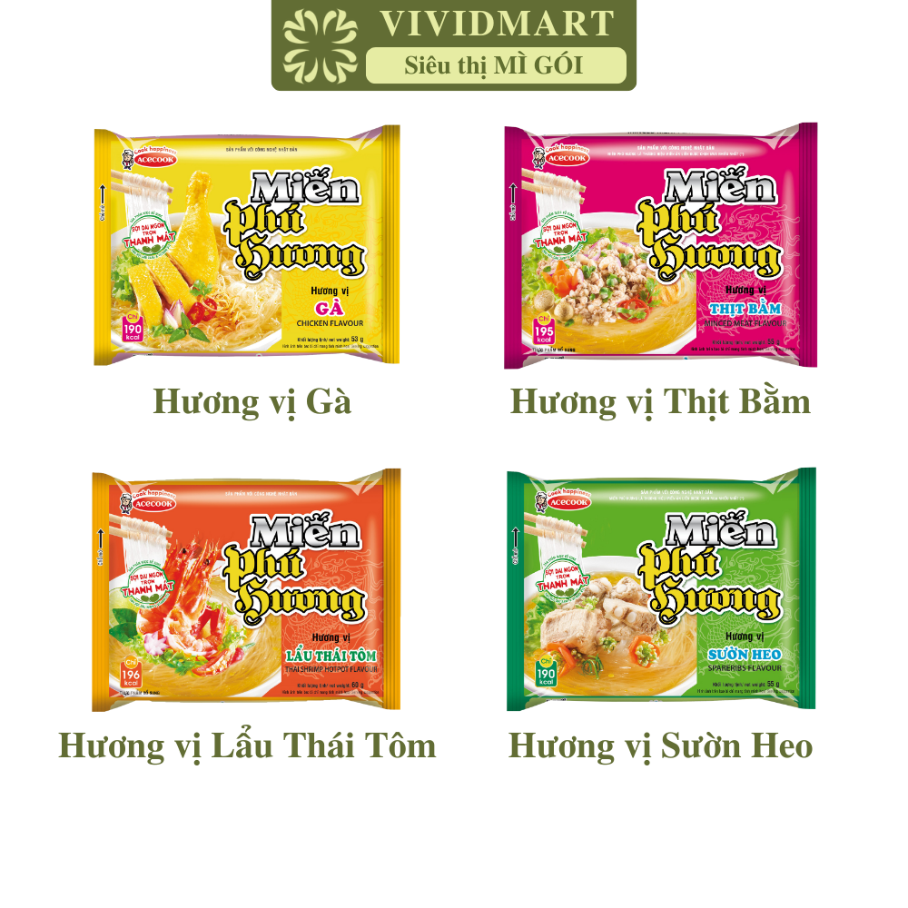 - acecook - miến phú hương 4 vị: thịt bằm, miến sườn heo, lẩu thái tôm, gà, miến acecook phú hương ăn liền