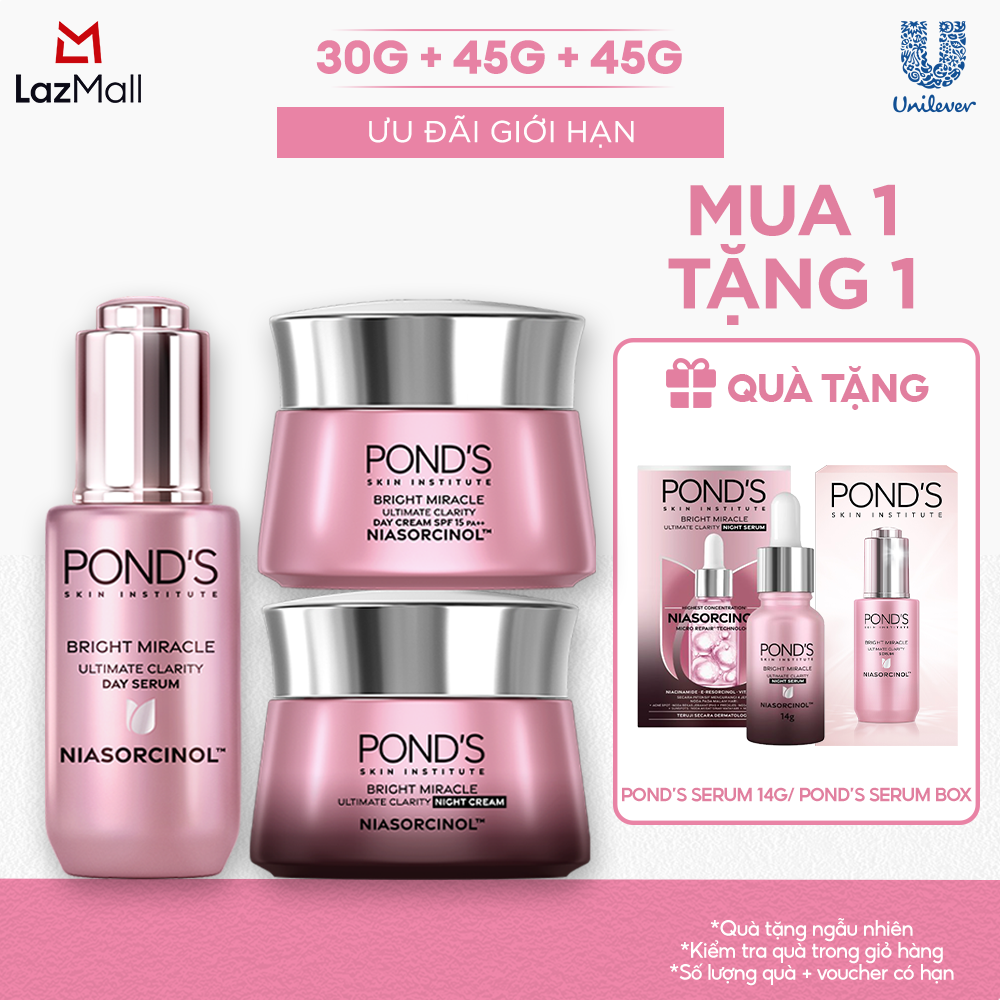 [Combo] Bộ 1 Serum ngày và kem dưỡng sáng da ngày  đêm Pond's Bright Miracle mờ thâm sạm với 50X Niasorcinol 30G+45G+45G