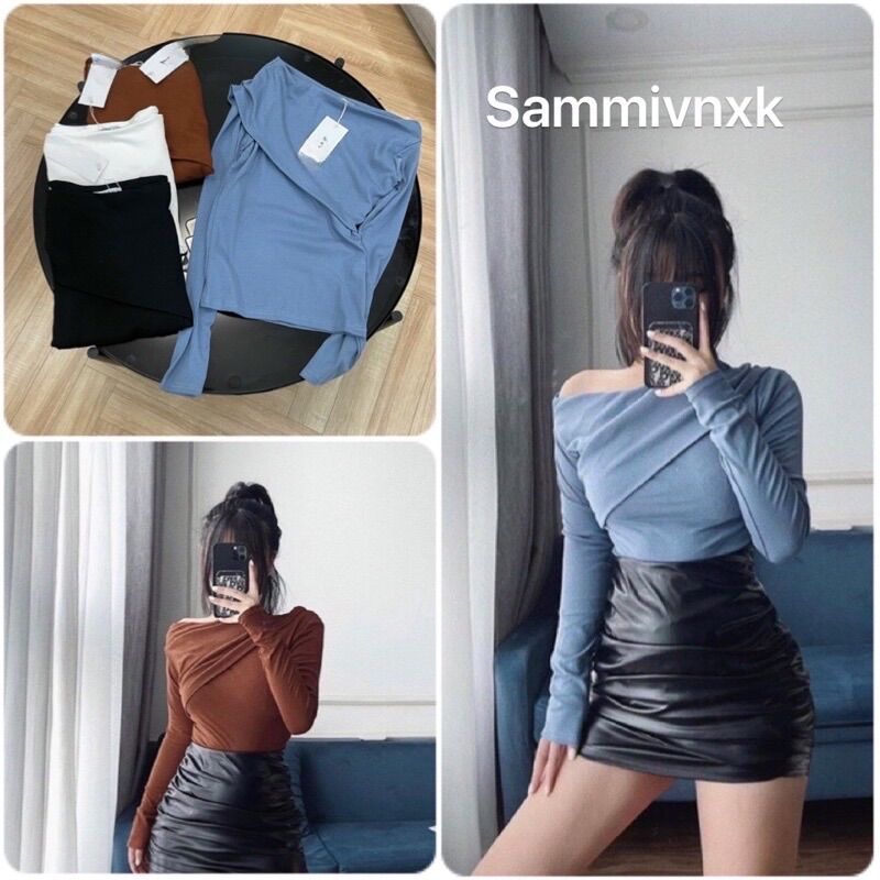 Áo thun trễ vai nhún tay dài Sammivnxk❤️Áo lệch vai dài tay❤️freeship