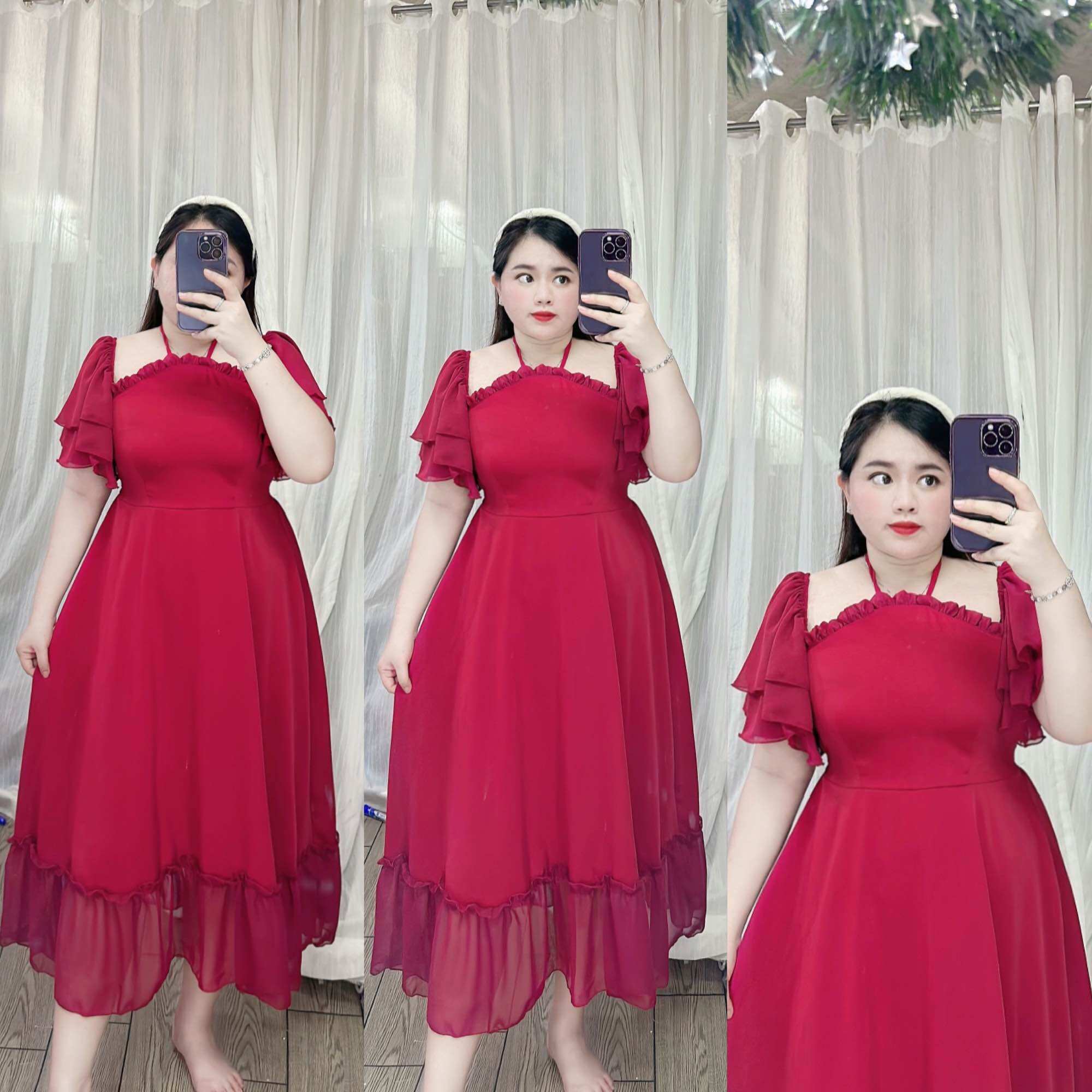[Bigsize 60-90kg] Đầm cổ yếm cánh tiên lụa mango phối chiffon