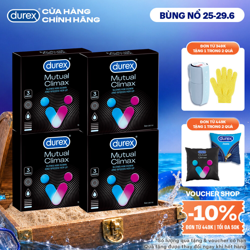 [SẢN PHẨM MỚI] Bộ 4 bao cao su Durex Mutual Climax kéo dài thời gian và gân gai, size 52.5 mm, hộp 3 bao