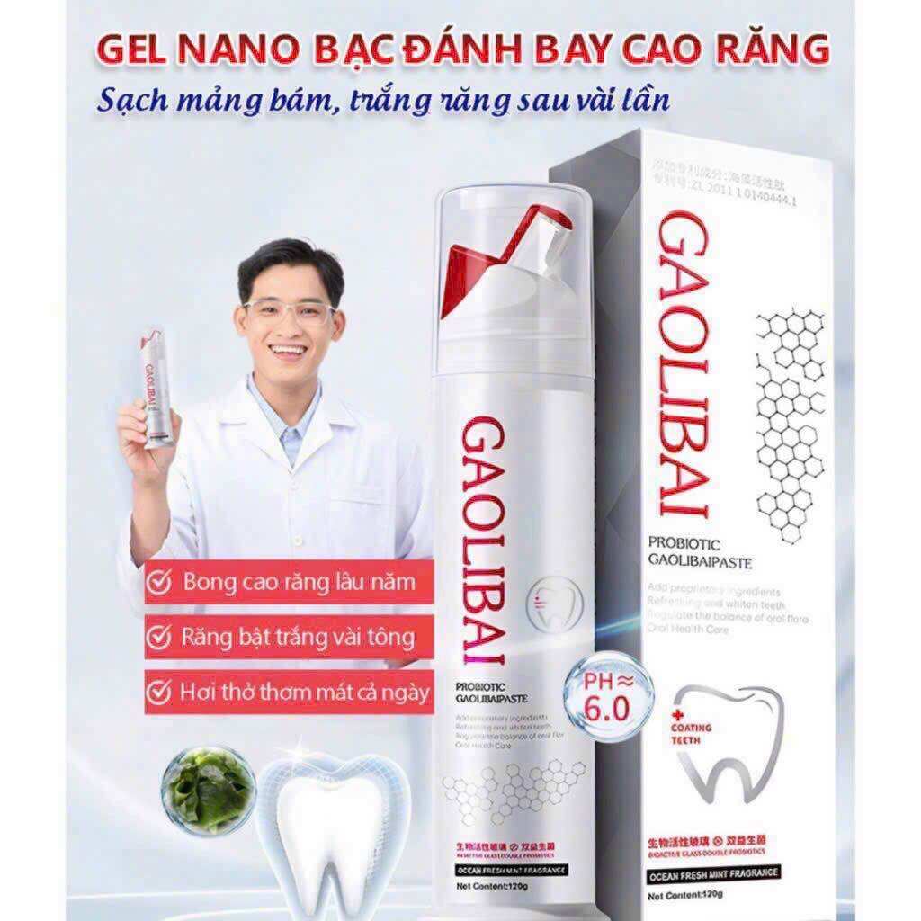 Gel đánh trắng răng nano bạc GAOLIBAI 120g đánh bật cao răng sạch mảng bám trắng răng cho hơi thở thơm mát