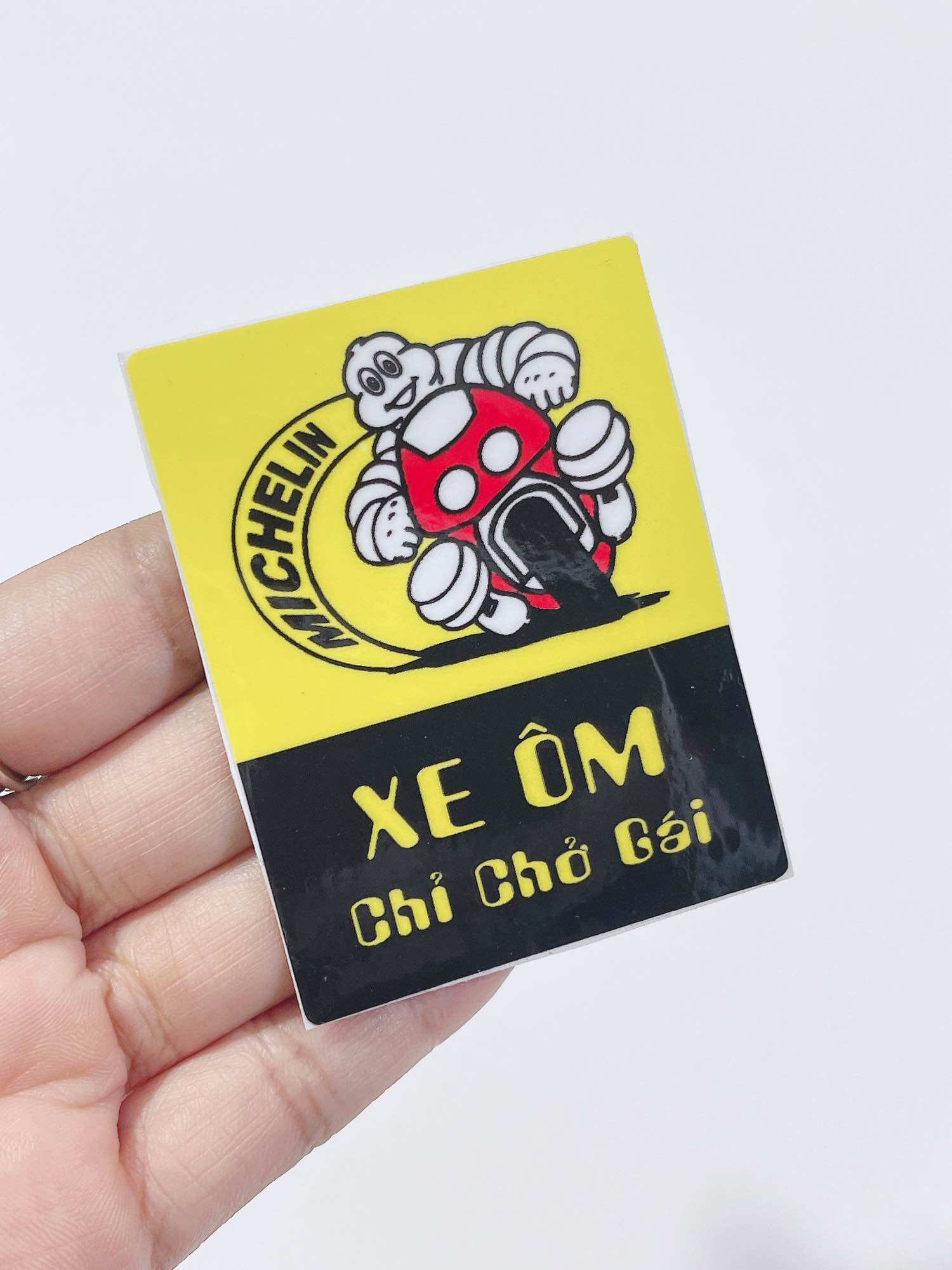 Tem dán hình Michelin xe ôm chỉ chở gái 6.5x5cm, tem có sẵn keo chống thấm nước