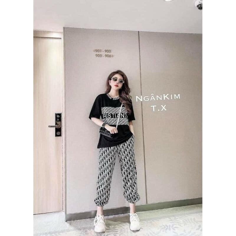 Sét bộ Dior áo thun viền cổ thêu cùng quần lụa phong cách jocger năng động