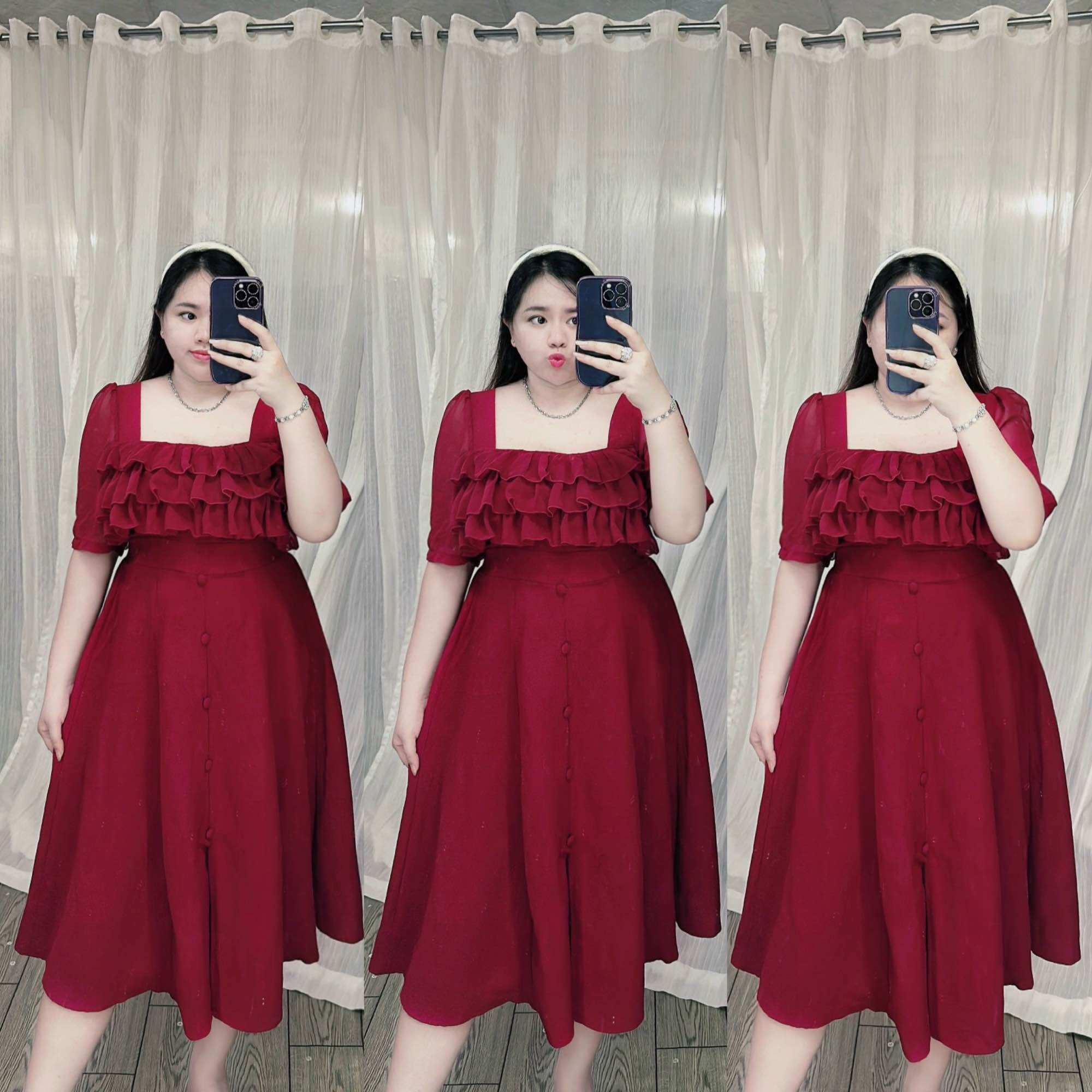 Đầm xốp nút bọc phối chiffon