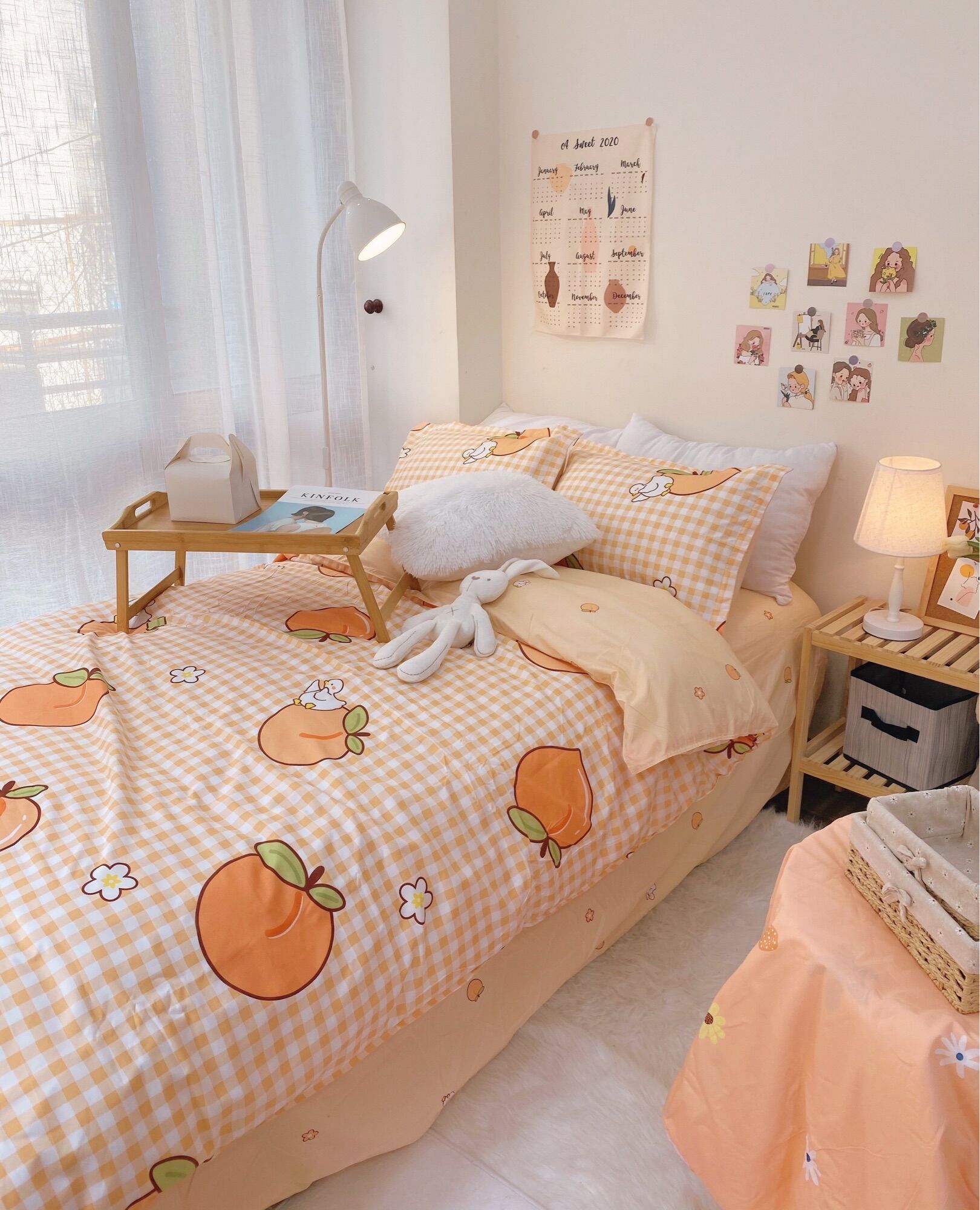 Bộ chăn ga gối Cotton Poly họa tiết quả đào màu hồng cam MÂY BEDDING đủ kích thước nệm