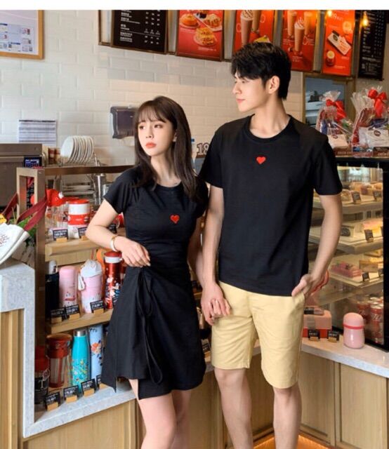 Set đầm thun rút dây cách điệu một bên đó năng động+Áo thun cổ tròn thêu ❤️