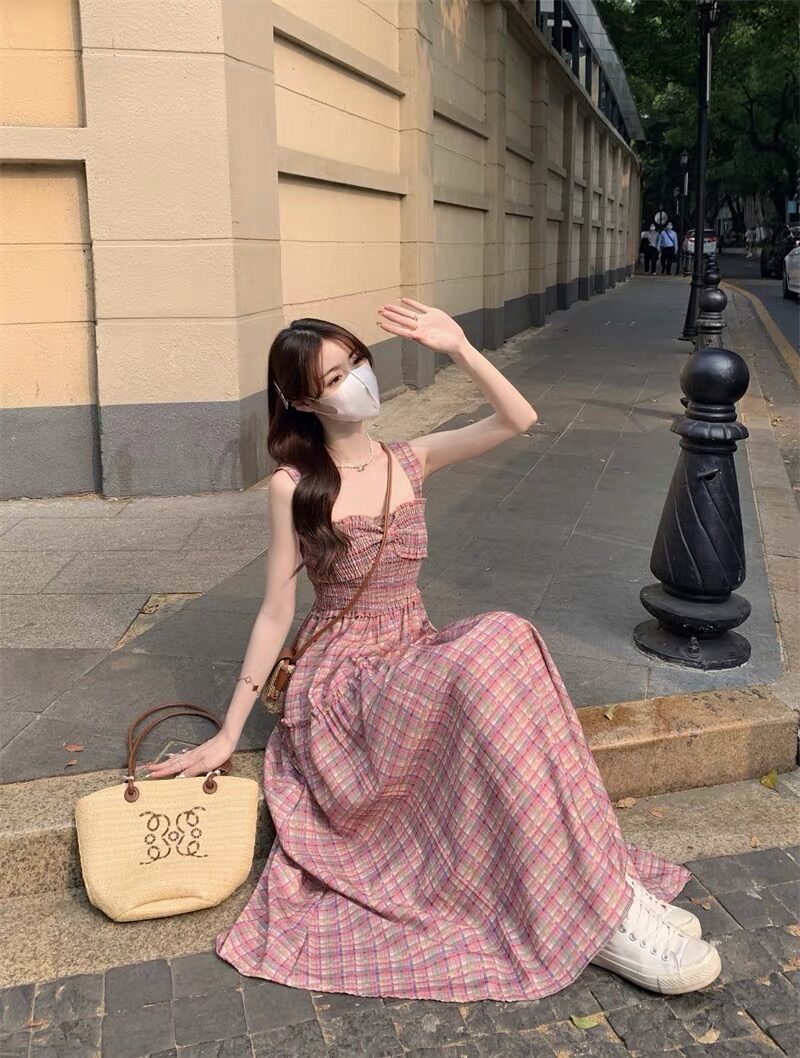Đầm maxi caro nhún ngực phối nơ Ulzzang siêu hot siêu đẹp