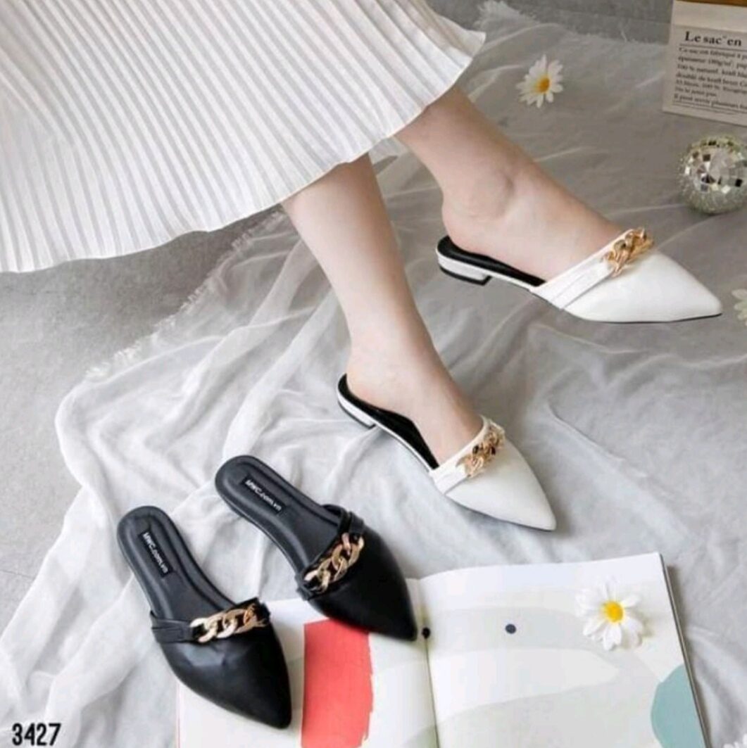 Giày sục nữ mũi nhọn kiểu quai xích nhỏ gót bệt đủ bigsize 35-45
