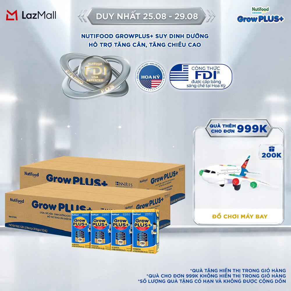 Combo 2 Thùng 48 hộp Sữa Bột Pha Sẵn Nutifood GrowPLUS+ Biếng Ăn (Xanh) 110ml - Trên 2 tuổi - Tăng Cân Khỏe Mạnh