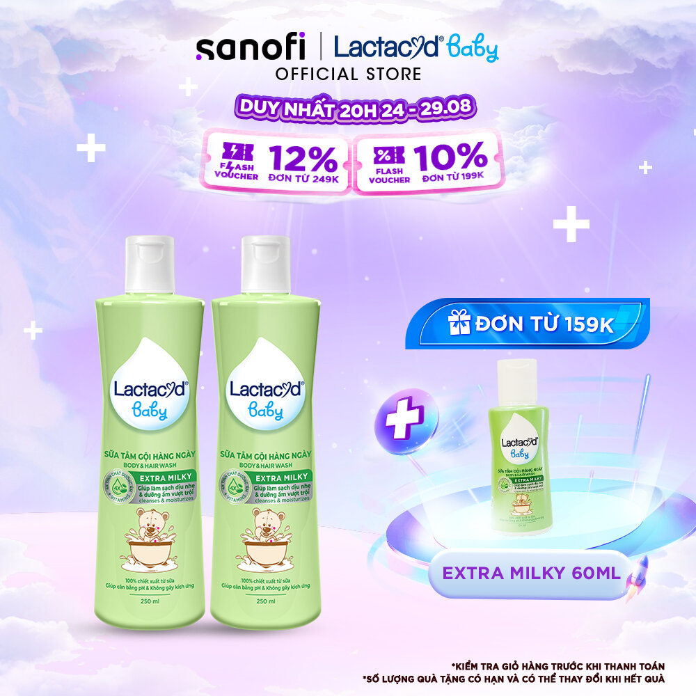 Bộ 2 chai Sữa Tắm Gội Trẻ Em Lactacyd Baby Extra Milky Làm Sạch Dịu Nhẹ và Dưỡng Ẩm Vượt Trội 250ml/chai