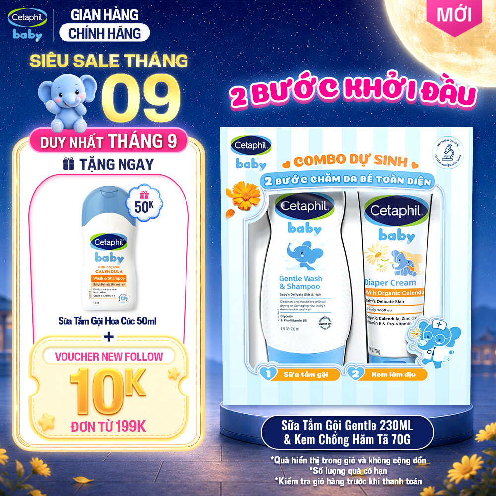[COMBO DỰ SINH] Sữa tắm gội dịu lành cho bé CETAPHIL BABY GENTLE WS 230ML  Kem chống hăm tã dịu lành CETAPHIL BABY DIAPER CREAM CALENDULA 70G