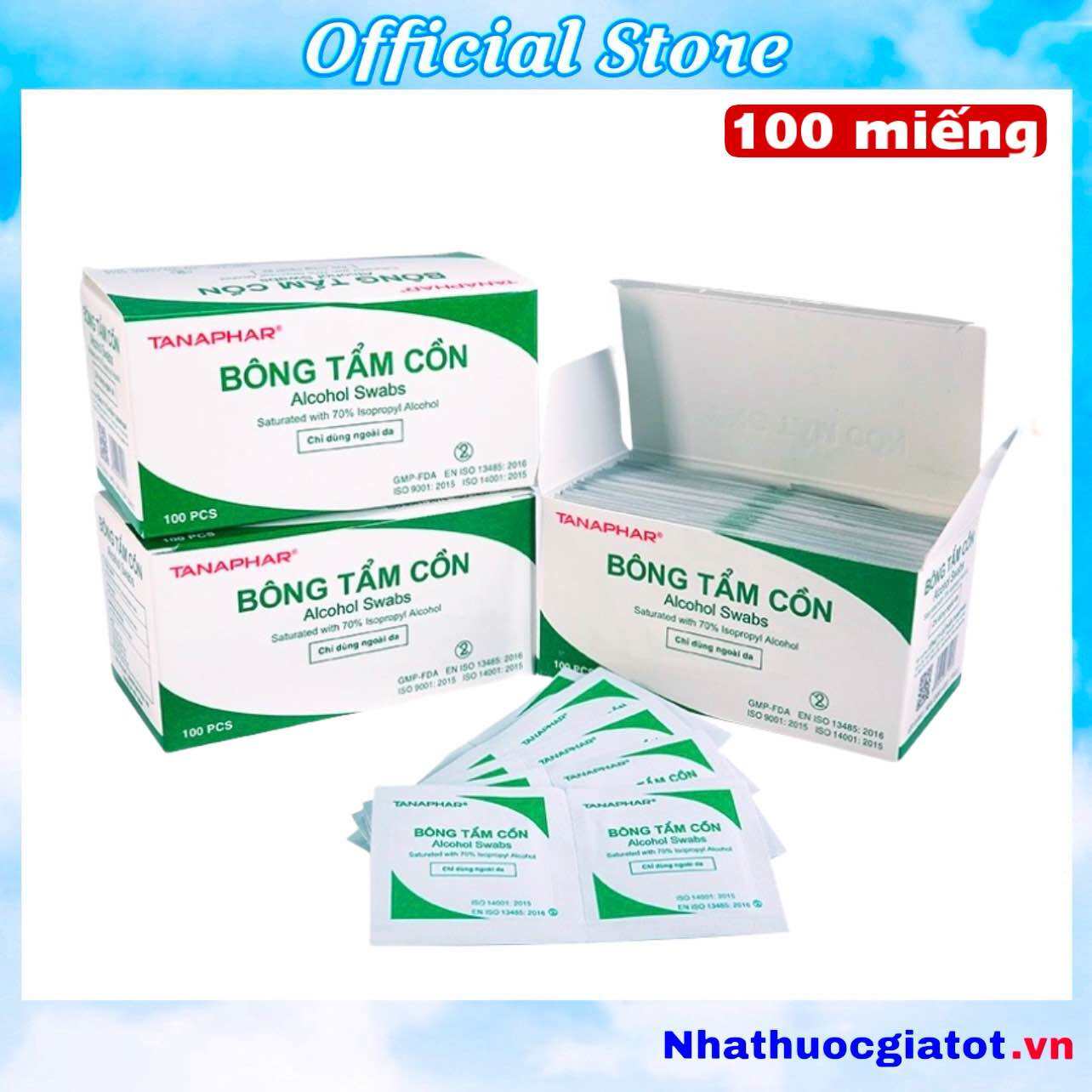 [Hộp 100 Miếng] Bông Tẩm Cồn TANAPHAR Tiện Lợi, Dễ Sử Dụng